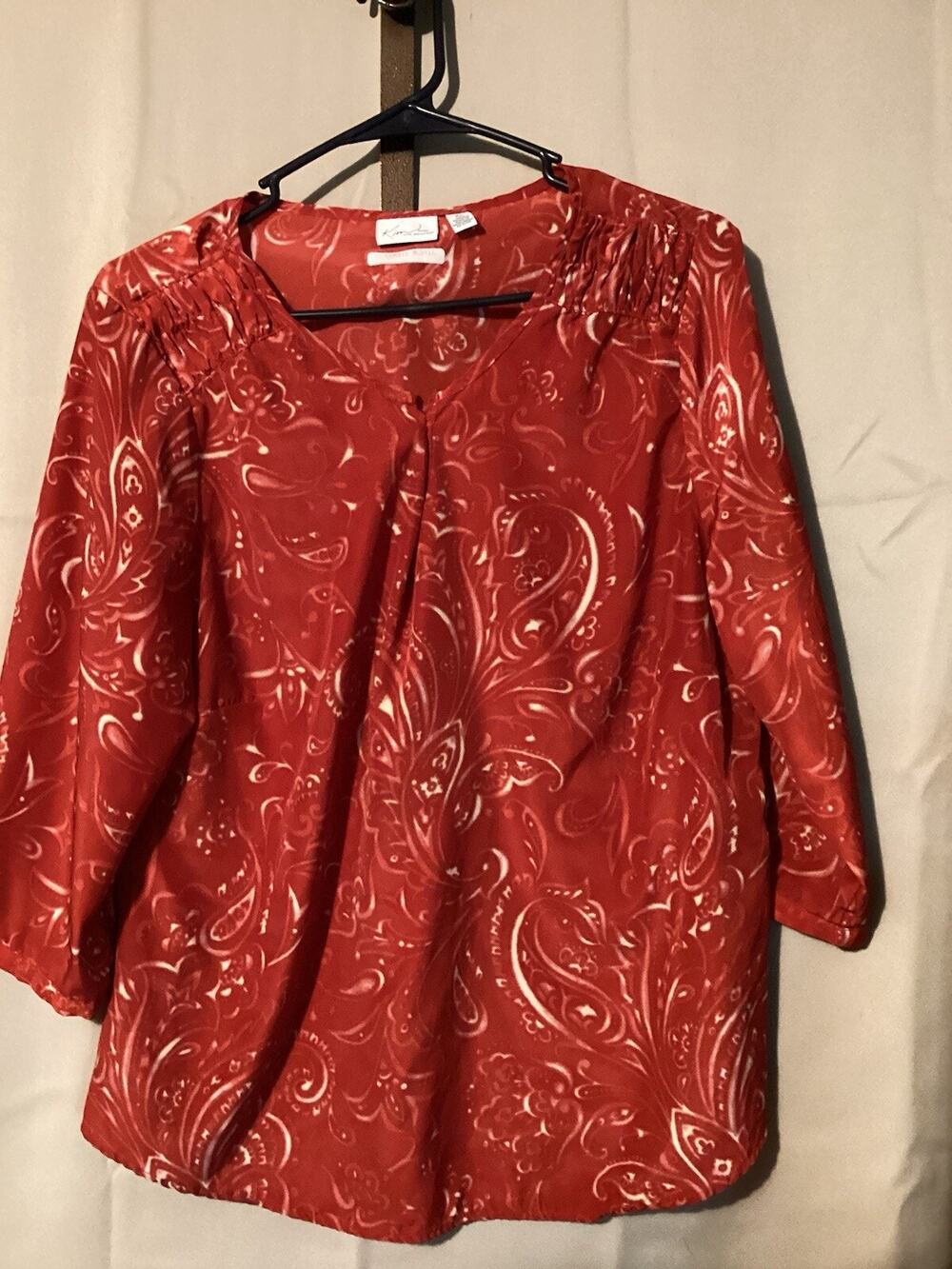 Kim Roger’s Long Sleeve V Neck Chiffon Red Ruched Back SZ PL Holidays Party